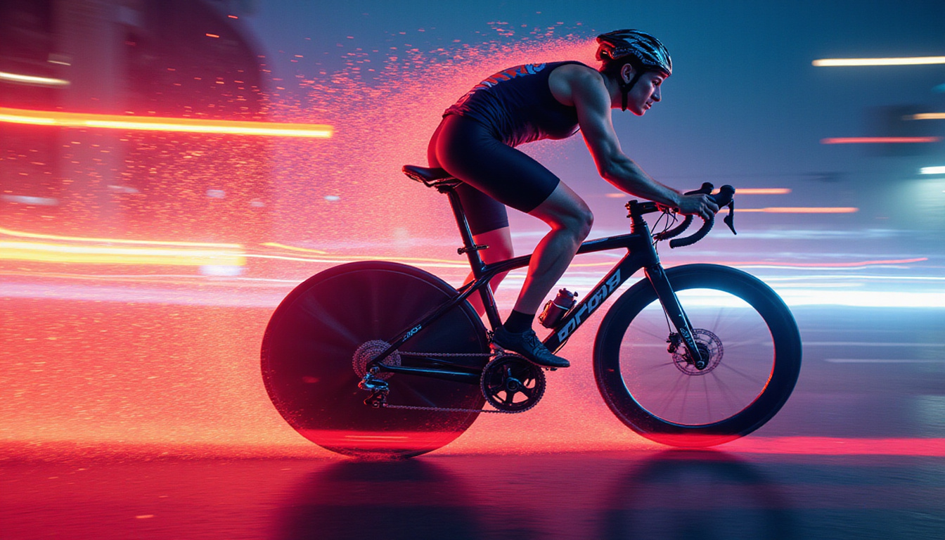  Dynamic side view of cyclist with speed motion blur, aligned spine, empowered endurance aura