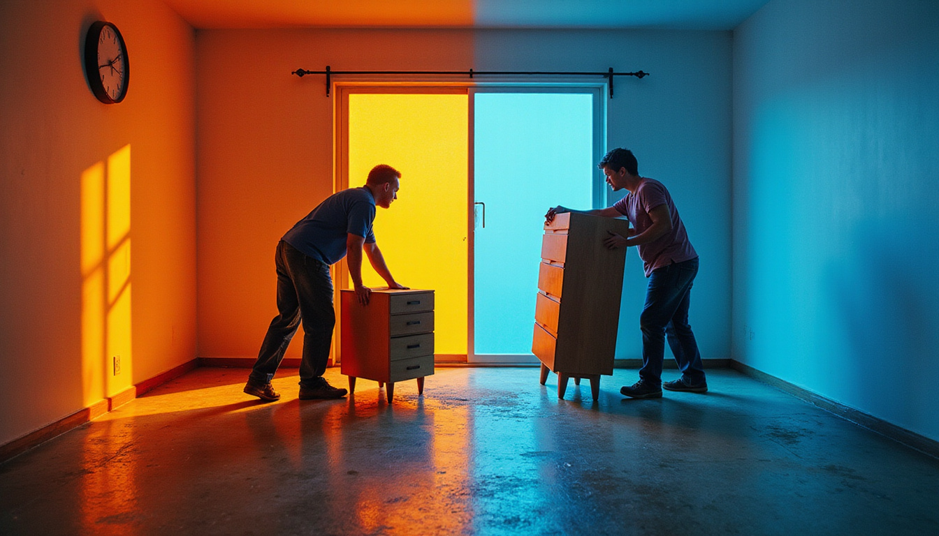  affordable emergency cleanout, workers hauling furniture, before-and-after split, dramatic lighting, clock