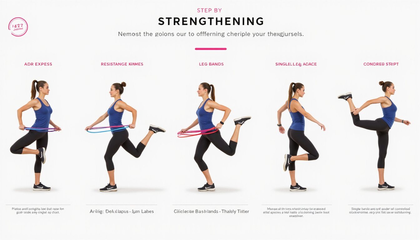  Sequence of step-by-step strengthening exercises: resistance bands, single-leg stance, controlled stride, progress markers