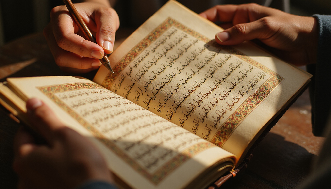 Ancient Sufi manuscript open, gold calligraphy, soft morning light, meditative hands tracing secrets