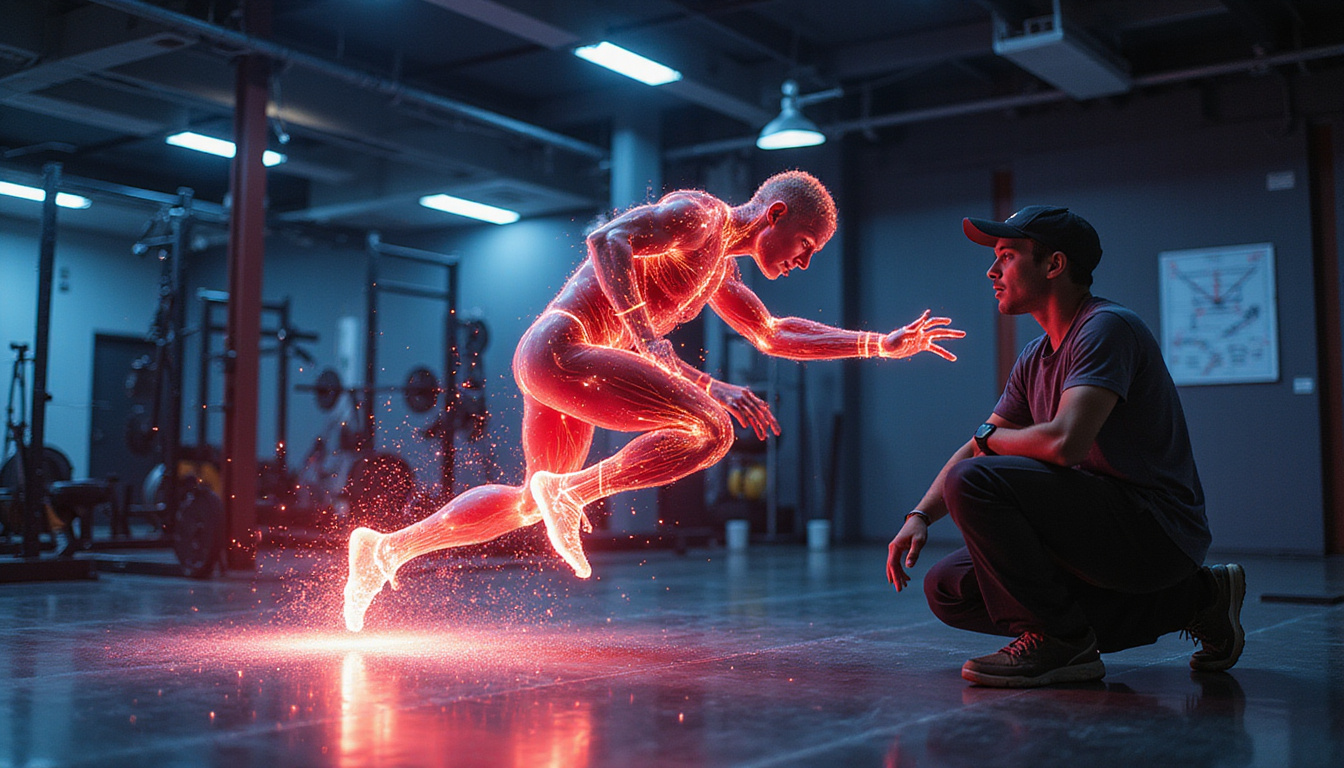  High-tech gym scene: coach guiding explosive plyometric jump, muscle fibers illuminated, futuristic data overlay