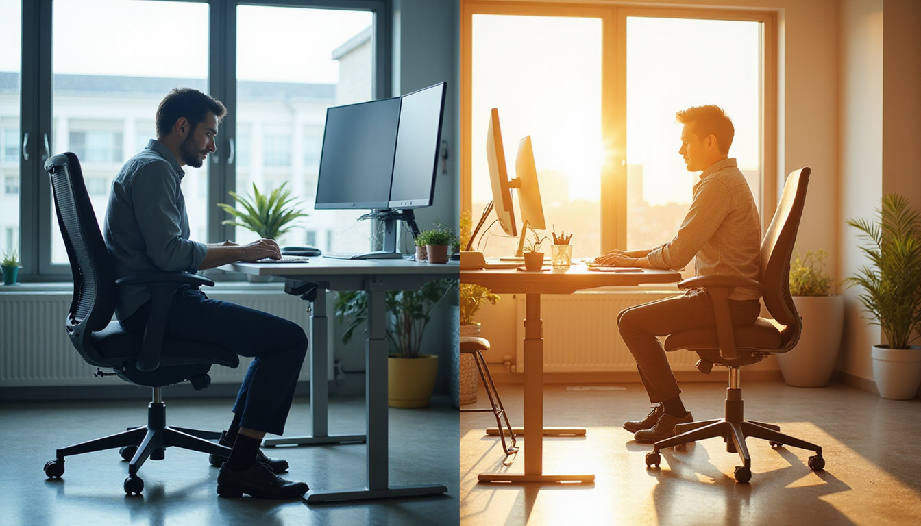  Split-screen before and after: slouched worker vs upright posture, adjustable chair, light rays
