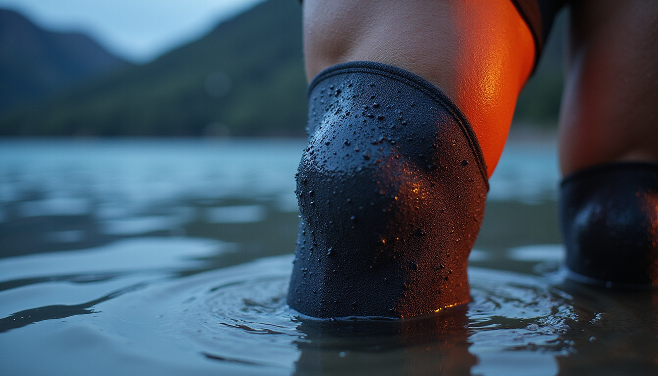  Macro close-up of neoprene knee sleeve with sealed seams and ergonomic compression, droplets sliding off