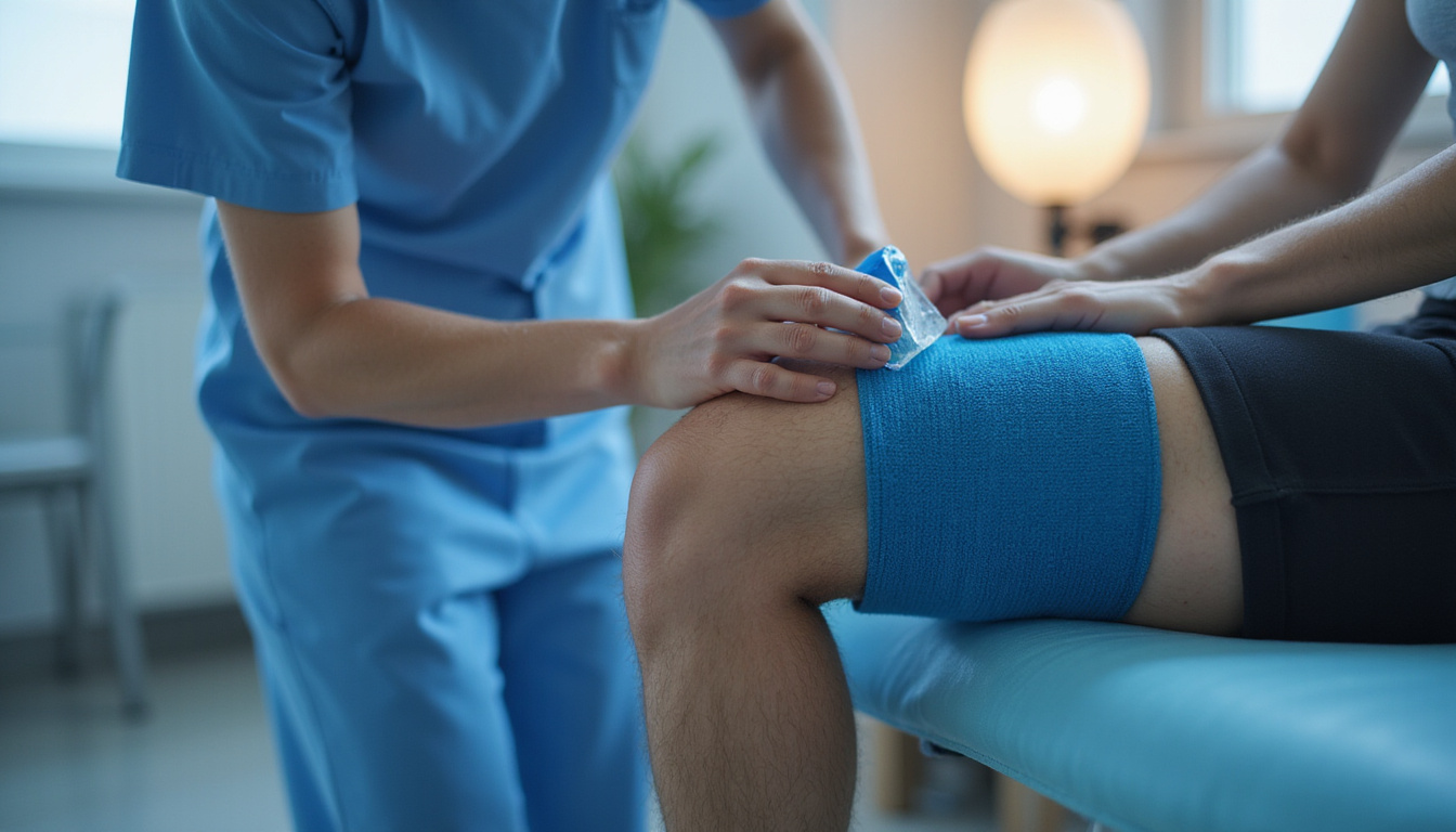  Therapeutic scene: clinician applying ice pack and compression wrap to kneecap, serene clinic lighting