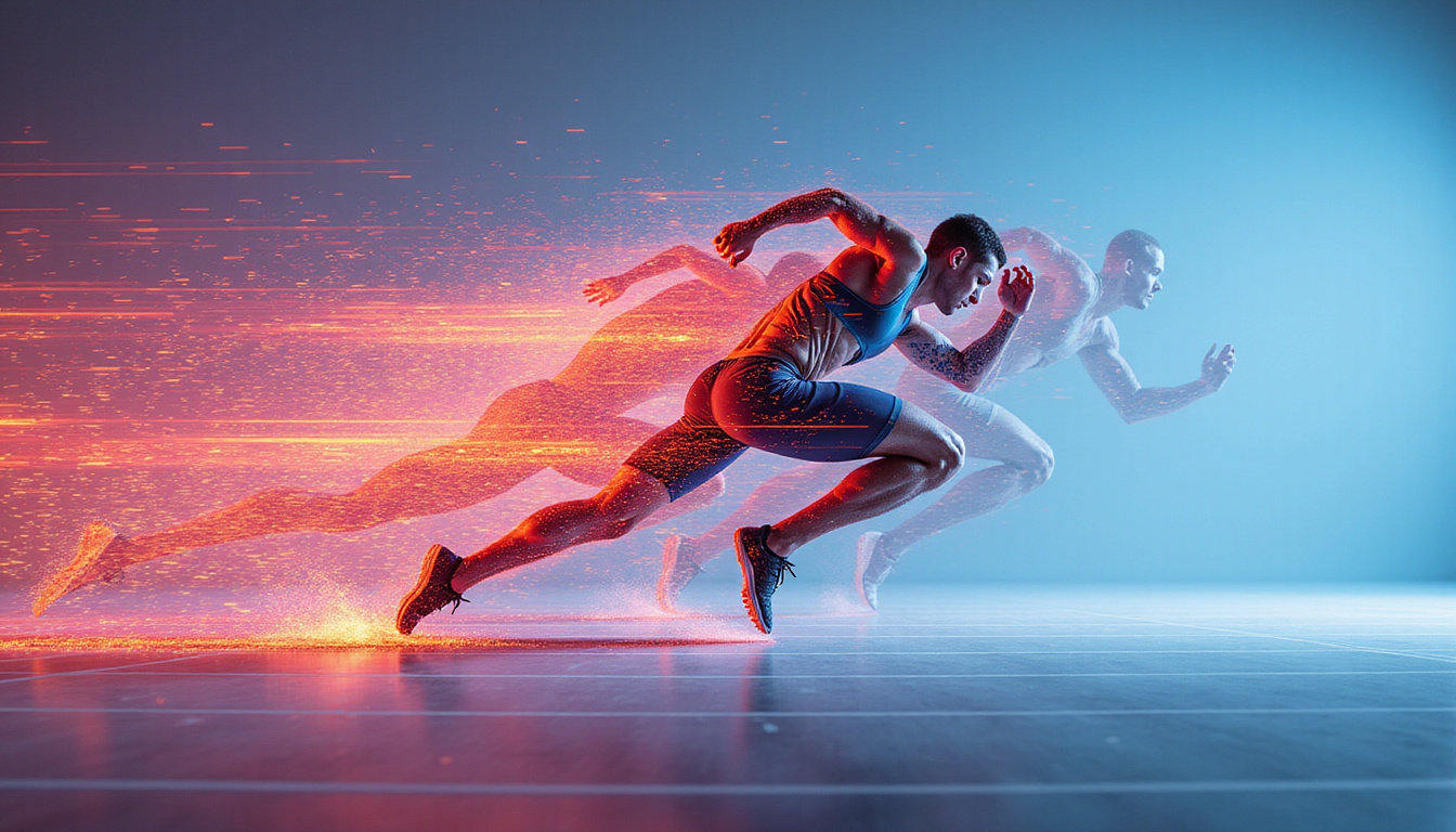  High-speed montage: sprinter sprinting, motion analysis overlay, kinesio tape, explosive muscles, vibrant studio