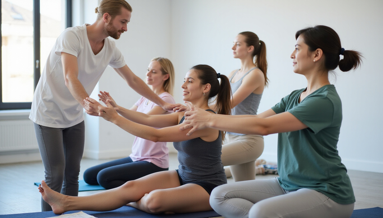  Physical therapist guiding gentle stretching modifications, diverse patients practicing mindful movement, clinical studio