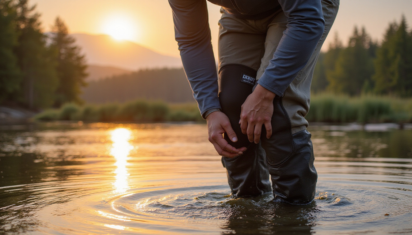  Wader knee support demonstration, angler taping knee, sunrise river, comforting practical instruction