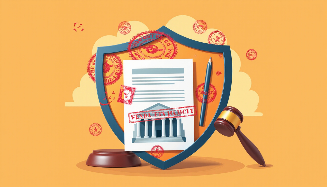  Shield made of legal documents blocking red penalty stamps, courthouse silhouette, clean vector infographic