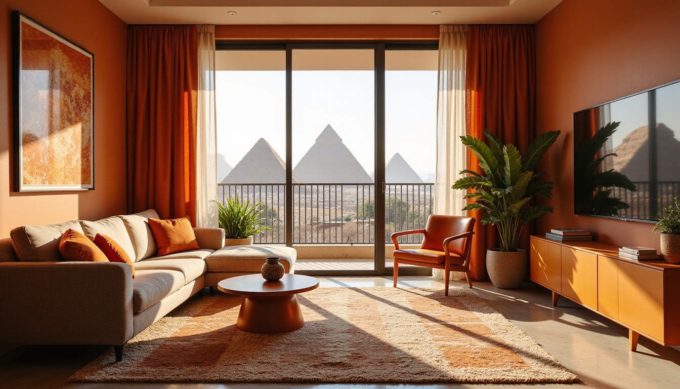  Contemporary living room with Egyptian textiles and ochre accents, balcony framing Giza pyramids, bright morning light