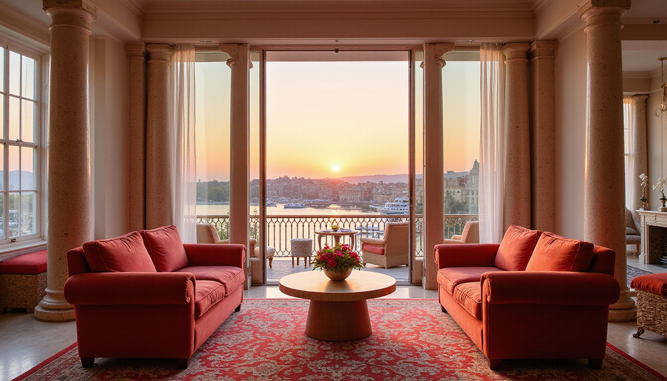  Seaside presidential suite Alexandria, Mediterranean balcony, alabaster columns, plush velvet sofas, sunset over ancient harbor