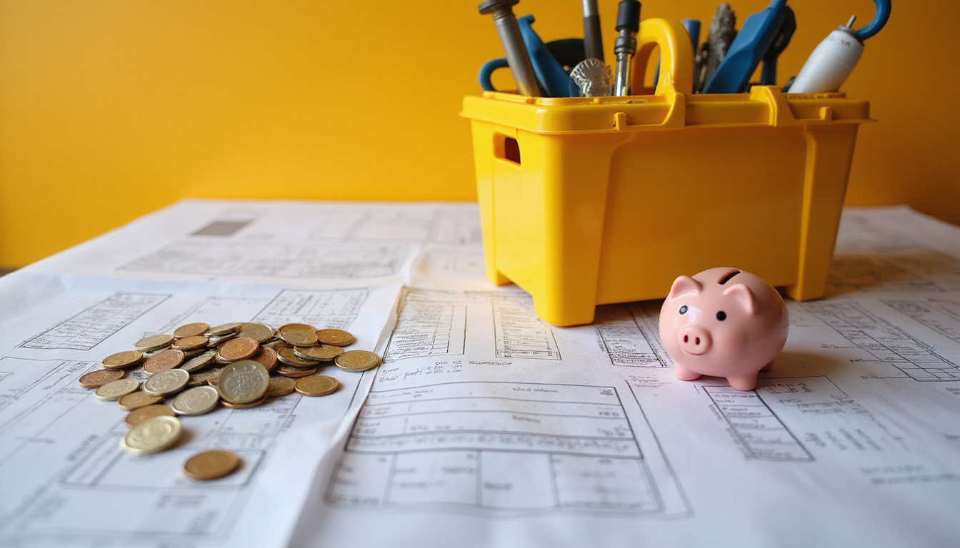  Detailed checklist, toolbox, spilled coins, piggy bank intact, blueprint overlay, warm professional studio background