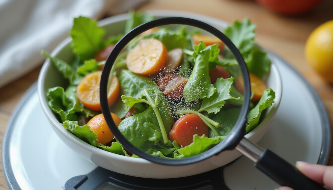  Close-up magnifying glass revealing hidden carbs like tiny sugar threads on salad, scale
