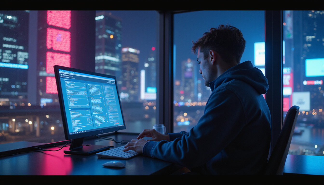 Cybersecurity sentinel analyzing streaming metrics, encrypted signals, neon circuit cityscape, dramatic lighting