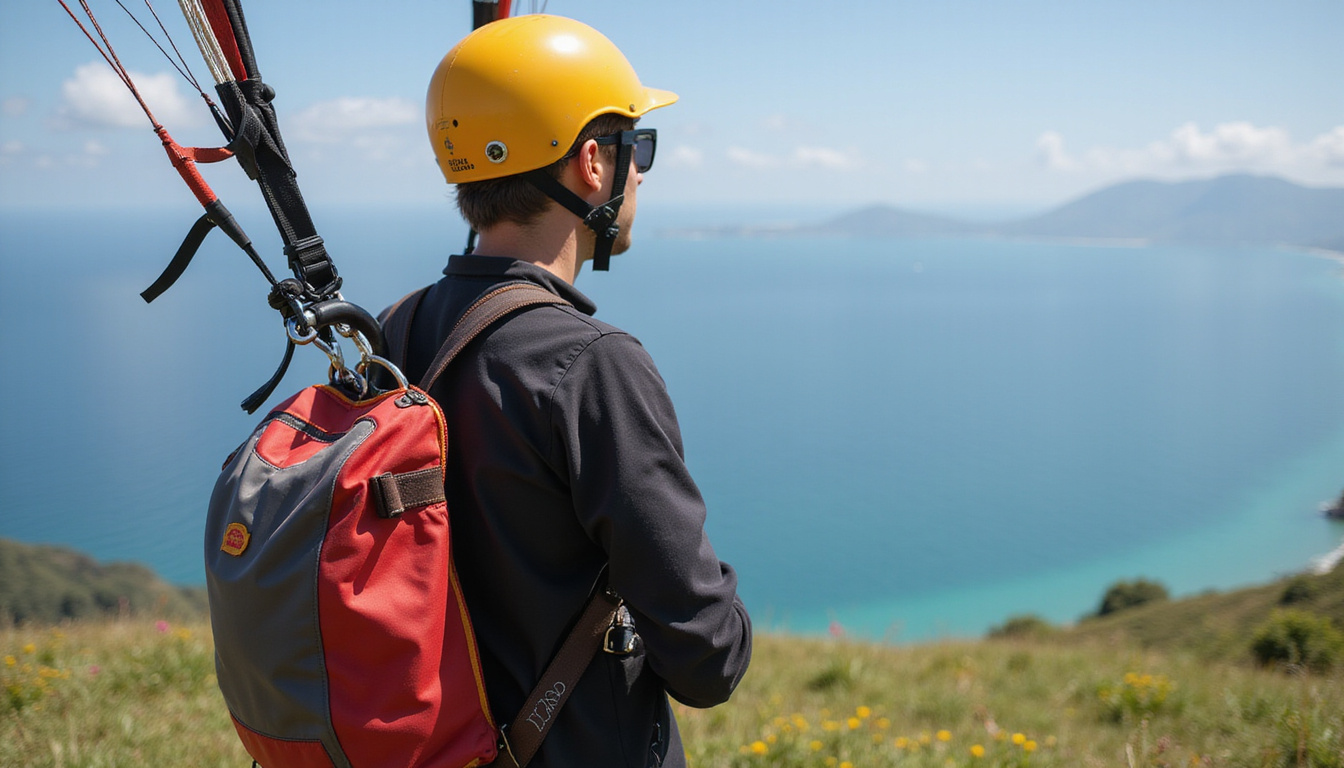  Close-up peralatan keselamatan paragliding: helm, harness, cadangan parasut, checklist, pemandangan pantai Bali