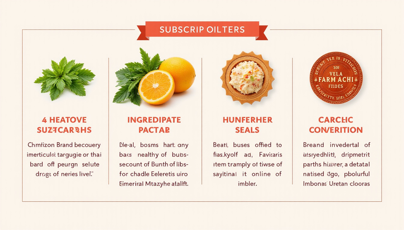  Elegant infographic-style composition displaying subscription tiers, ingredient lists, certification seals