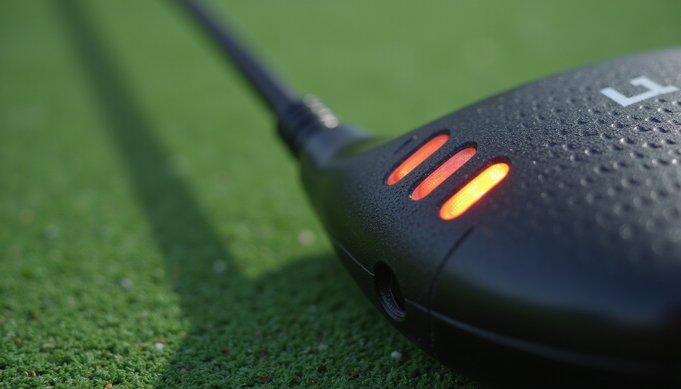  Close-up textured ergonomic grip, adjustable weight ports, glowing power lines, green fairway background