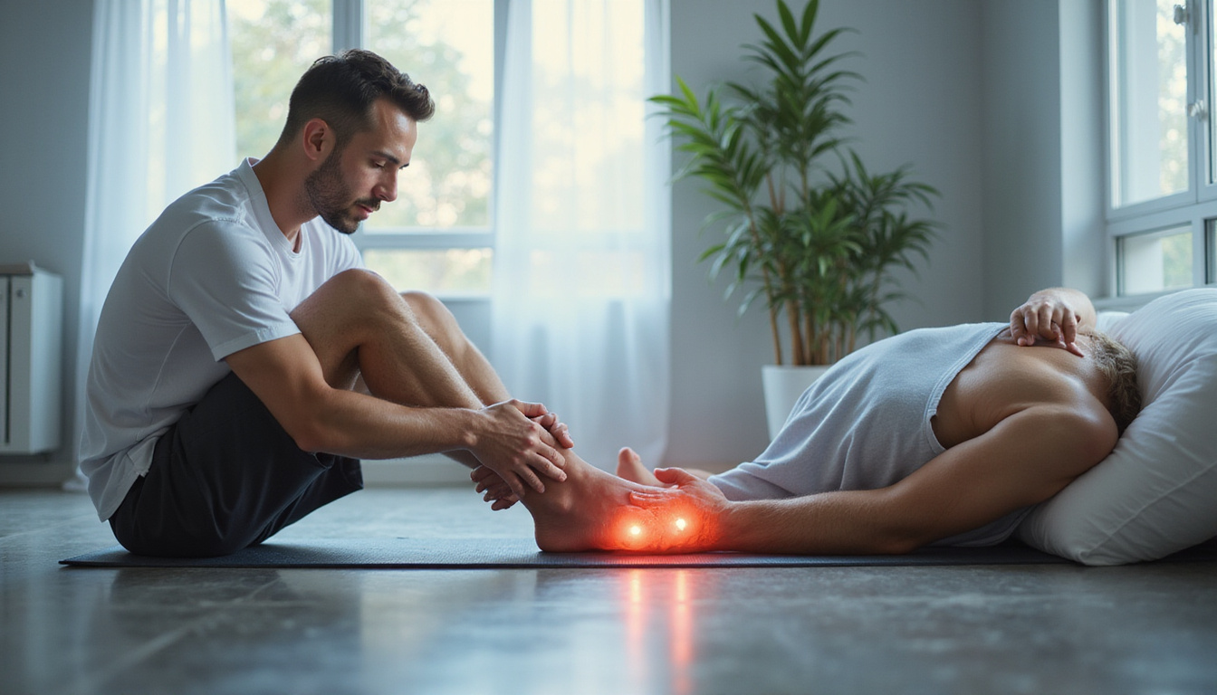  Therapist assisting man in ankle-friendly restorative yoga, translucent tendon anatomy overlay, peaceful clinic