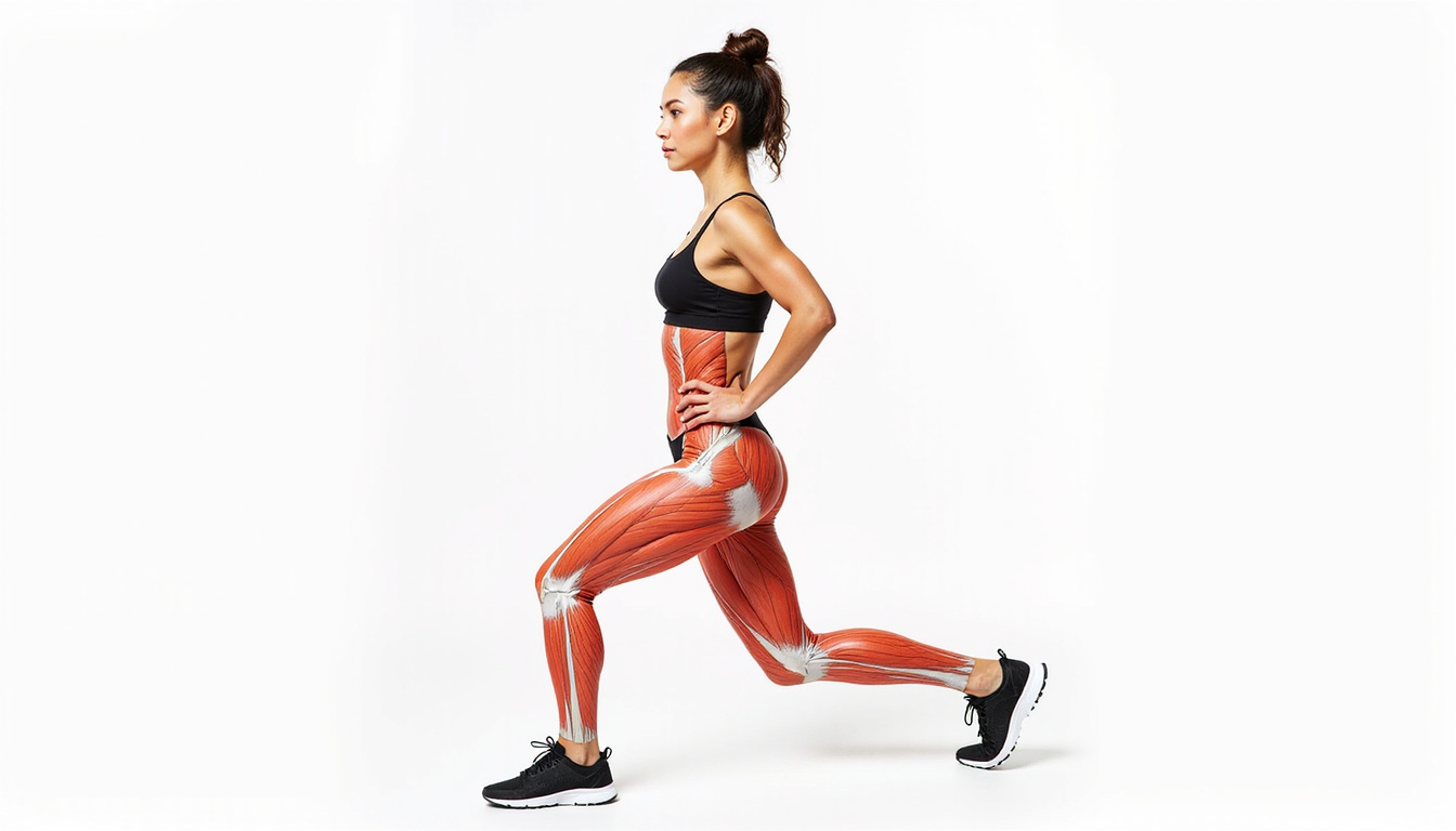 Anatomical overlay showing glute muscles activating during lunges, fitness infographic style, clean vector design