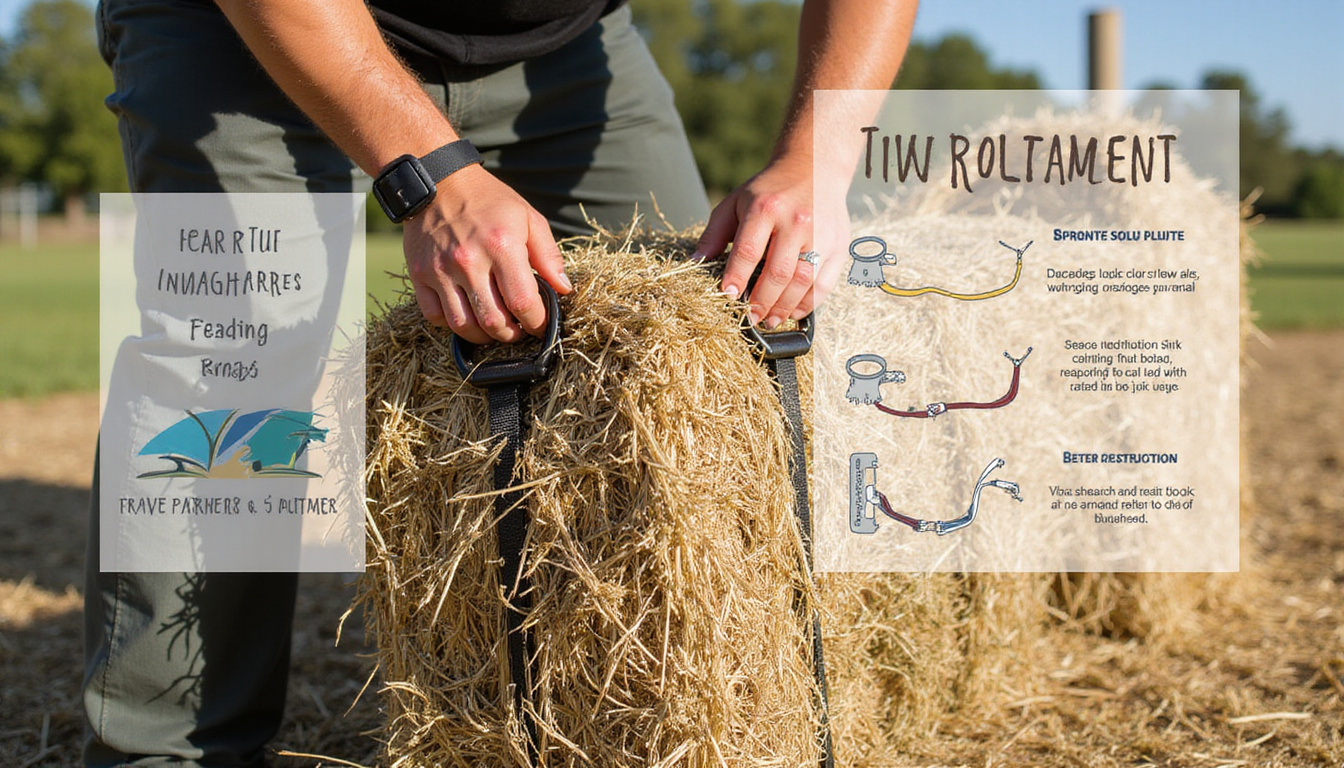  Close-up hands with straps and back brace lifting small hay bale, instructional infographic overlay