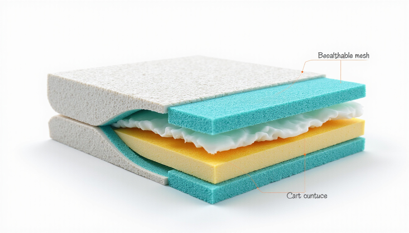  Cutaway view of foam seat cushion layers, breathable mesh, pressure relief zones, anatomical labels, clinical illustration