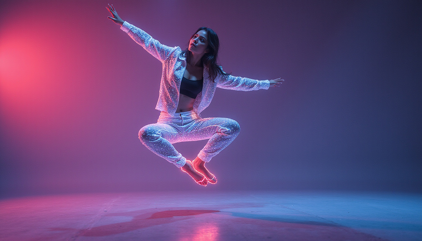  Contemporary dancer mid-leap with motion-capture markers and holographic performance metrics