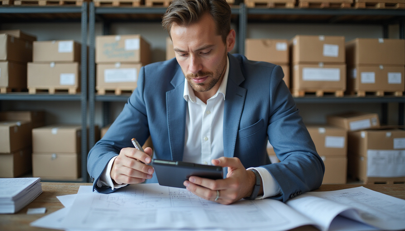  Financial strategist reviewing inventory and blueprints, calculator, stacks of receipts, confident expression, cinematic lighting