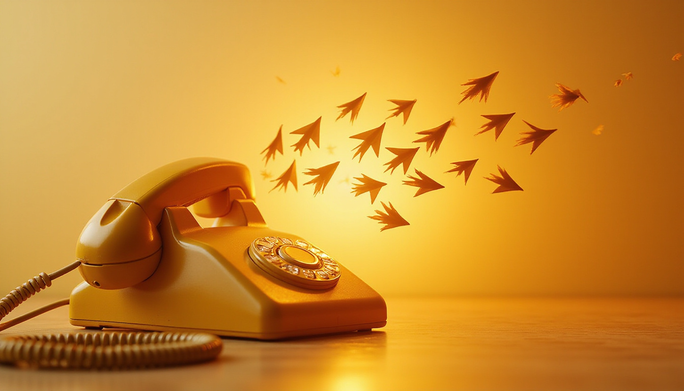  Golden phone handset transforming into flight of arrows, customers cheering, warm sunrise, sleek minimal style