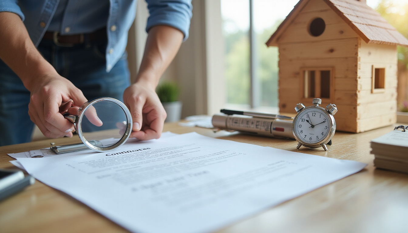  Avoiding scams, homeowner inspecting contract with magnifying glass, stopwatch, calendar, bright daylight