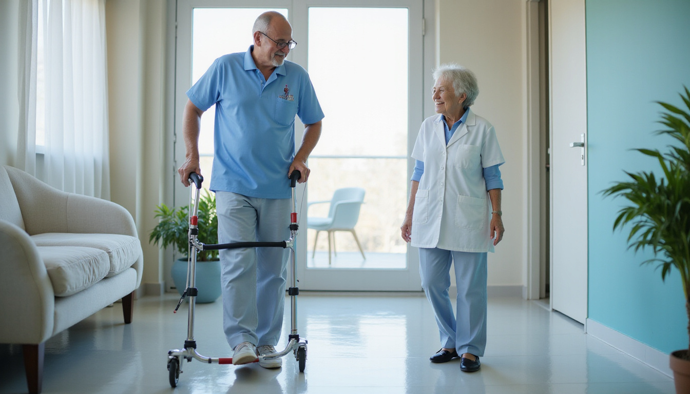 Physical therapist guiding elderly patient with knee immobilizer steps, bright clinic, hopeful expression, dynamic