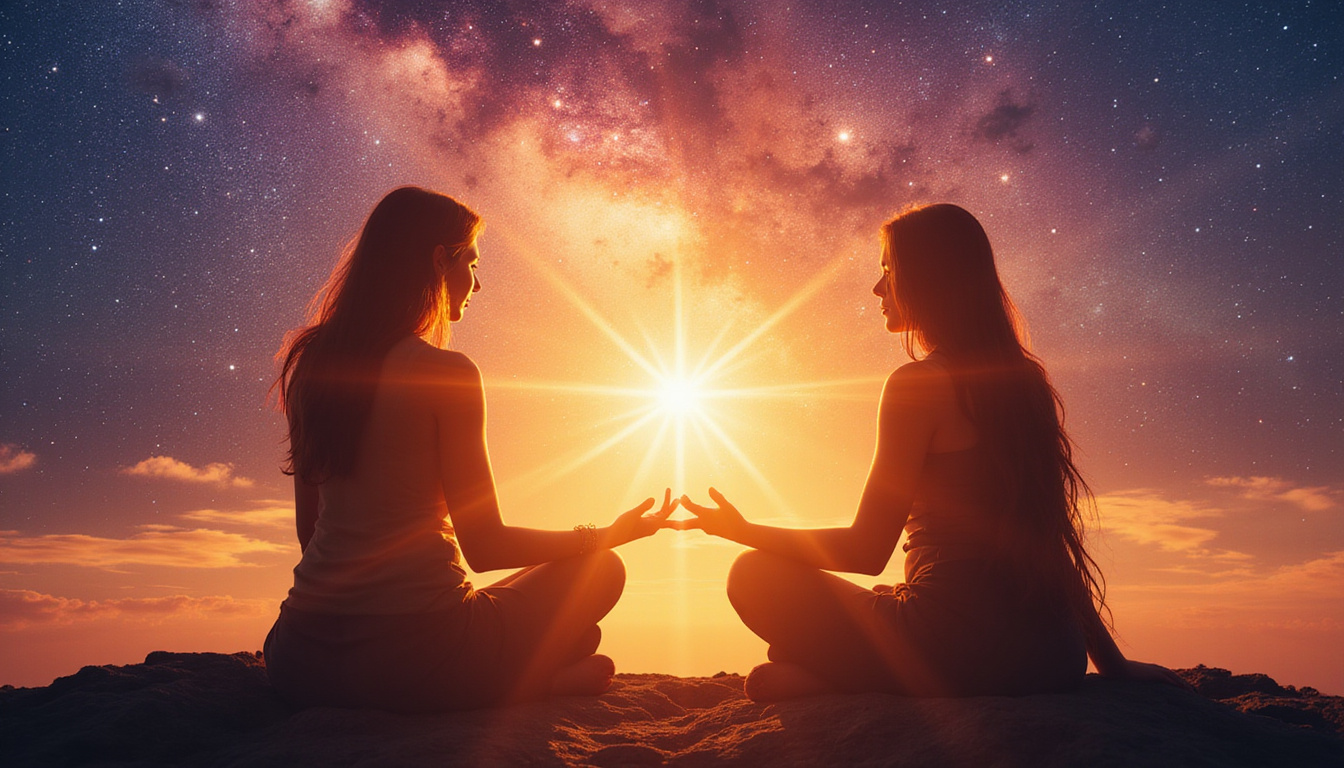 Two radiant silhouettes joining hands, chakras aligning, swirling galaxies and warm sunrise aura