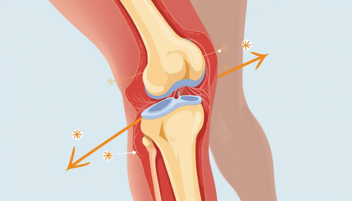  Close-up anatomical overlay of knee joint with arrows showing exercises, clean medical illustration style