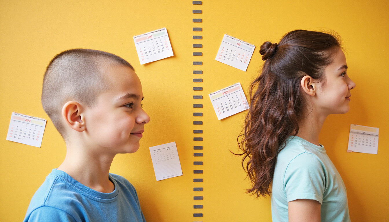  Before-and-after timeline mural showing shaved head to regrown hair, calendar overlays, hopeful warm tones