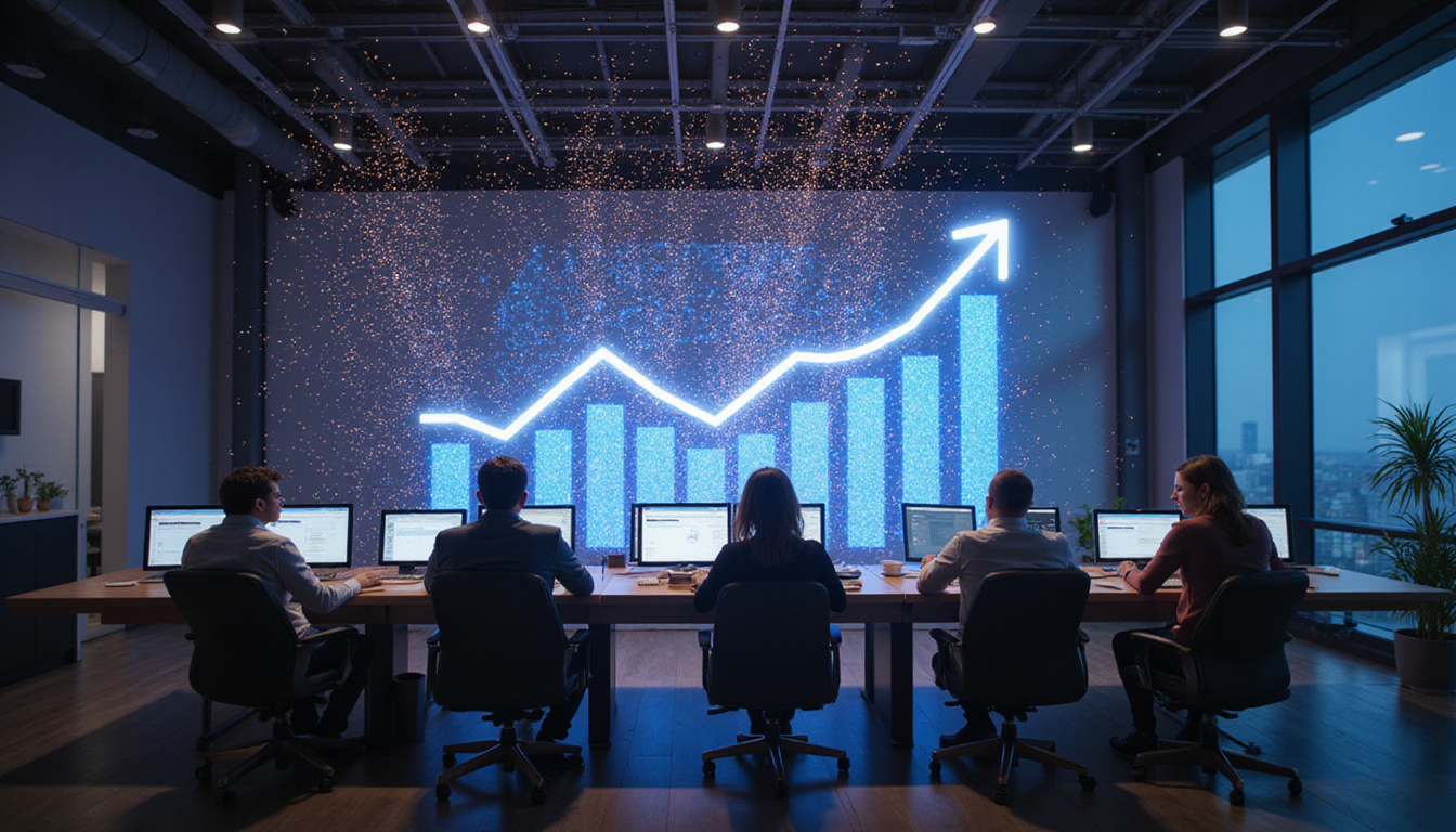 Modern marketing command center, holographic subscription graphs exploding upward, confetti, focused team, cinematic lighting