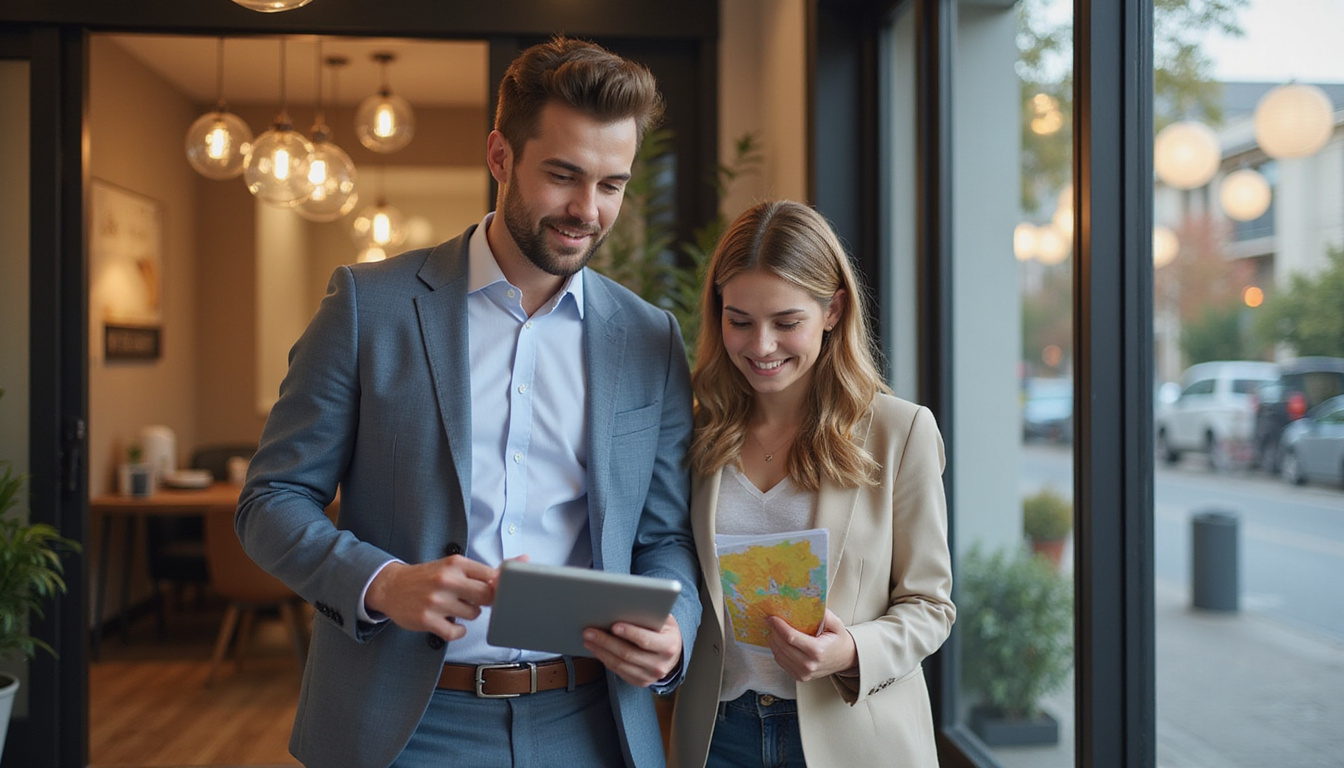  Young couple with realtor scanning tablet map, elegant building entrance, fast rental vibe