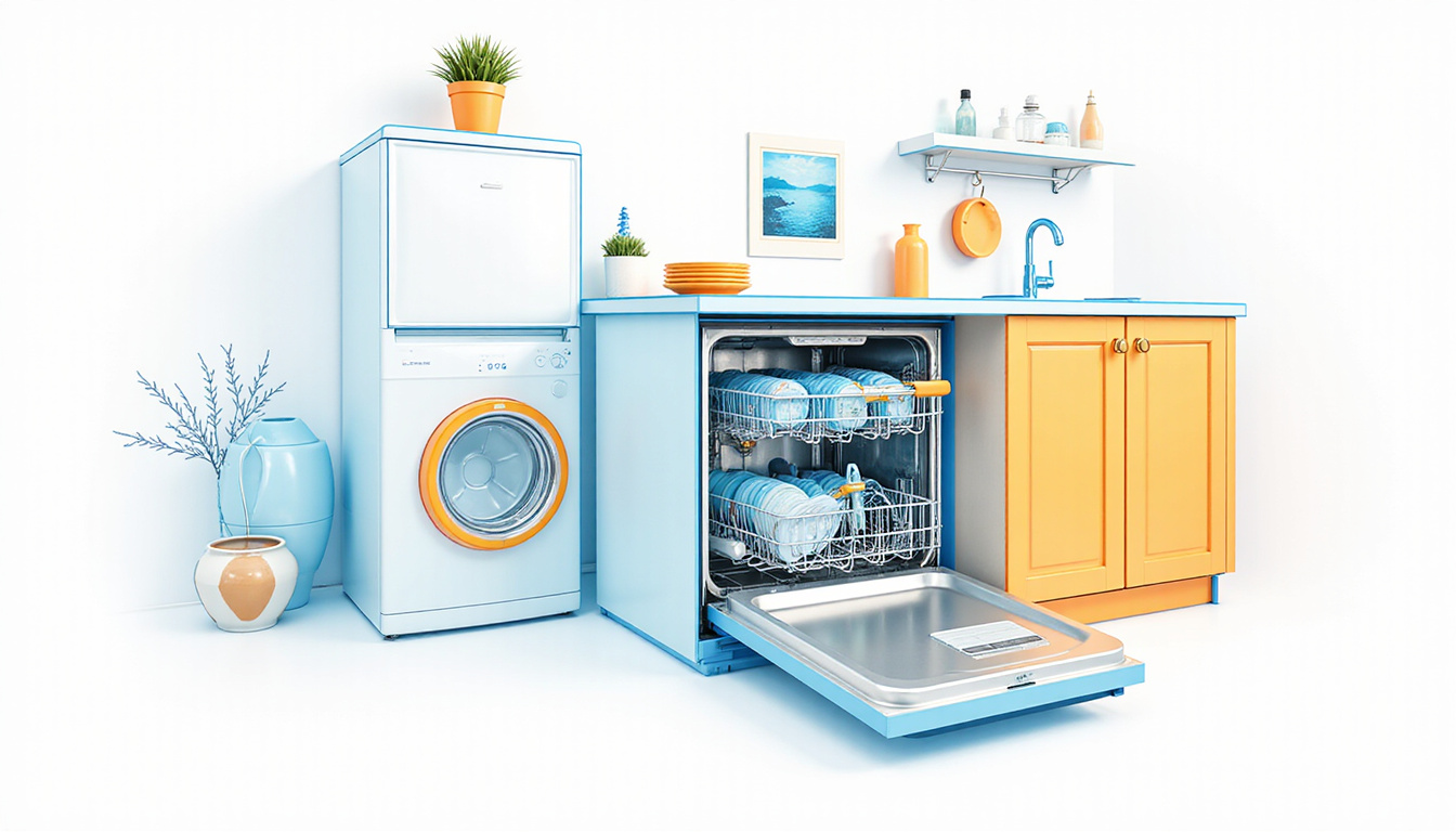  Cutaway diagram of step-by-step dishwasher installation, time-lapse overlays, money-saving checklist, clean vector style