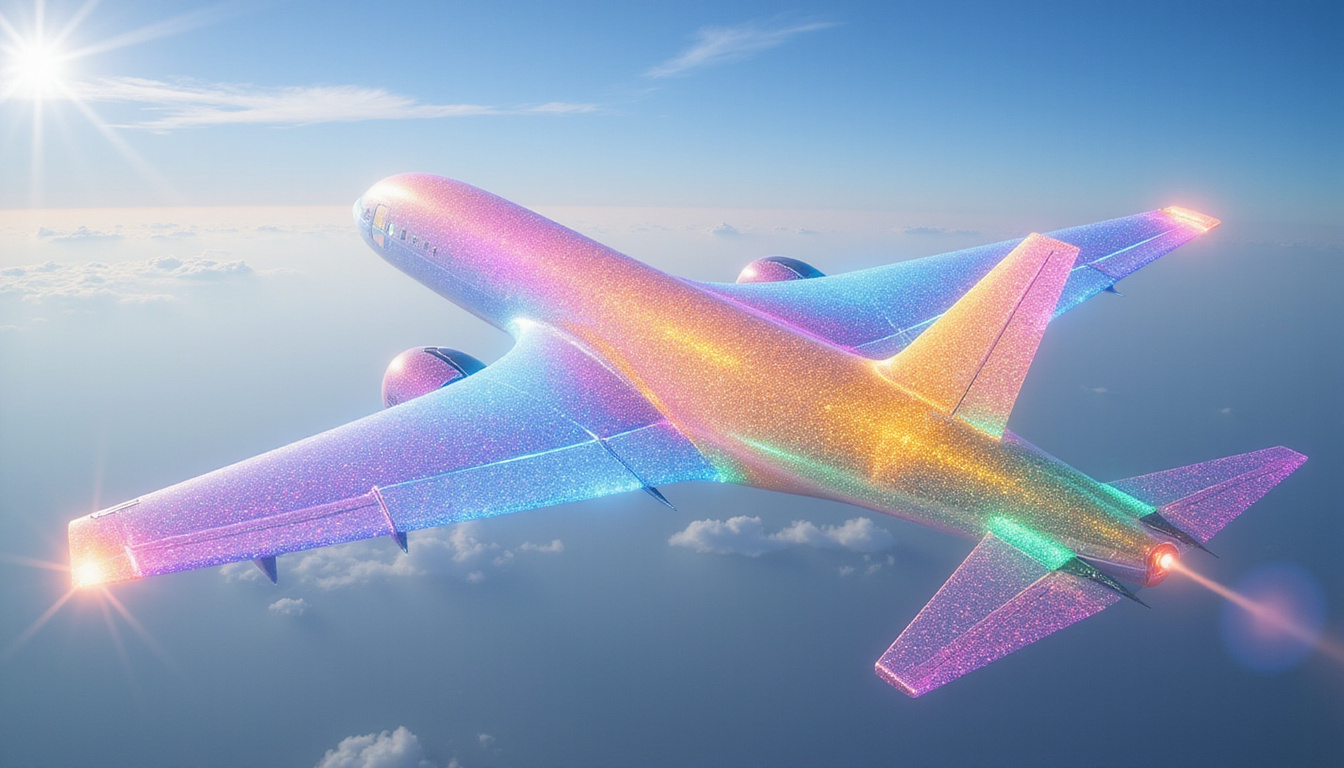 Aeroelastic optimization visualization: translucent wing bending, engineer holograms, computational mesh, supersonic sky