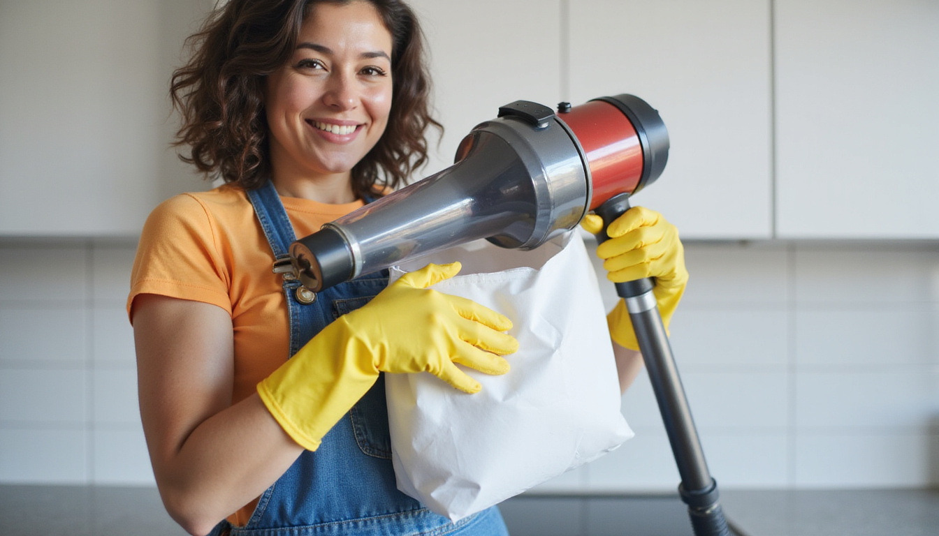  Homeowner emptying vacuum canister into sealed plastic bag wearing gloves, relieved smile, clean counters