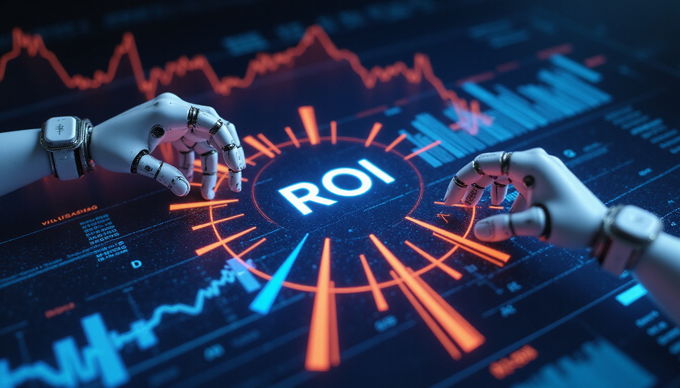 High-ROI dashboard overlaid on robotic hands, speed lines, charts skyrocketing, neon financial icons