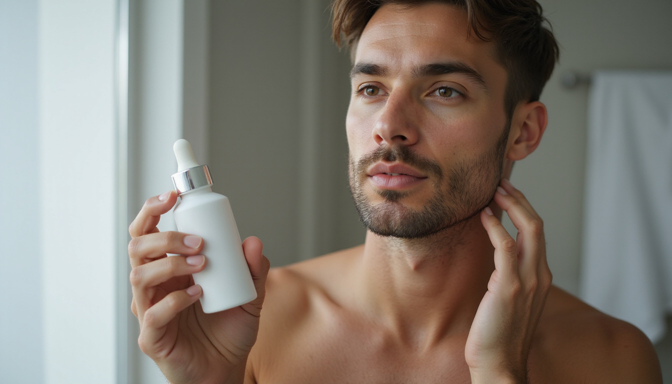  Well-groomed man applying serum, dewy flawless skin, luxurious bathroom, soft cinematic rim lighting