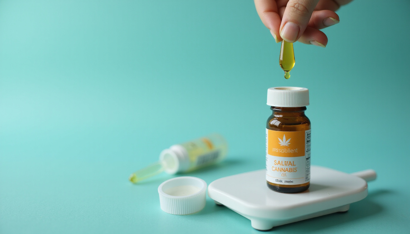  Close-up cannabis oil droplet on scale, prescription bottle, safety icons, calm teal background