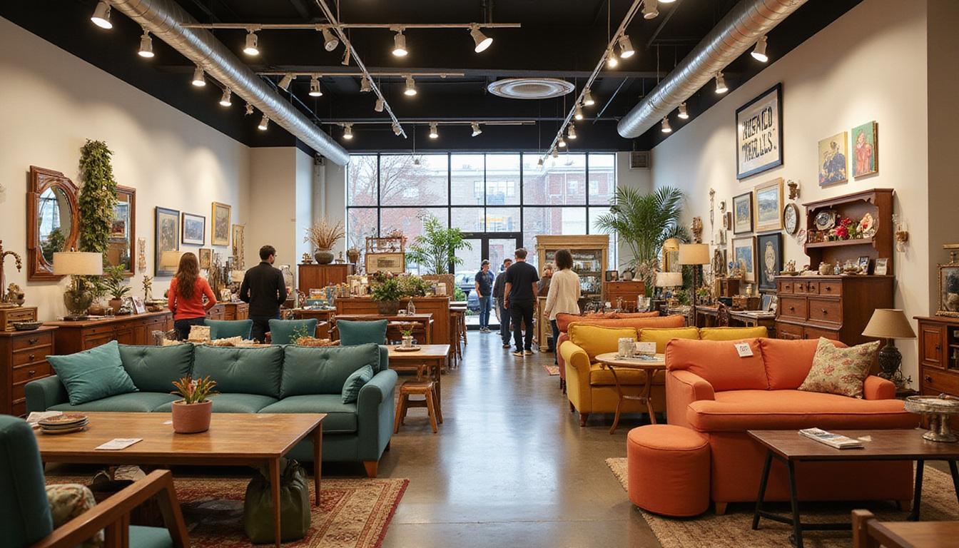  Stylish thrift showroom displaying curated secondhand furniture with price tags, warm lighting, shoppers browsing