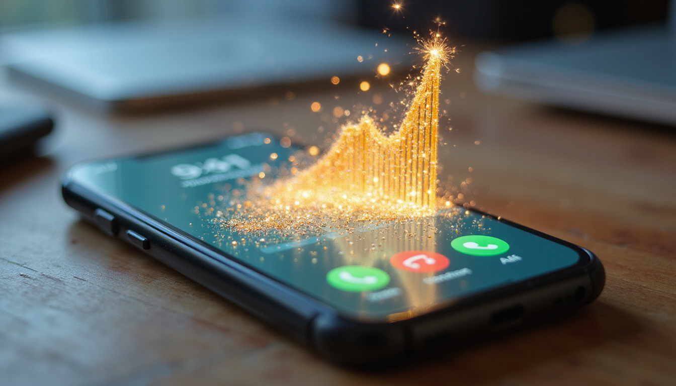  Close-up smartphone showing incoming call, calendar exploding with booked appointments, golden upward graph