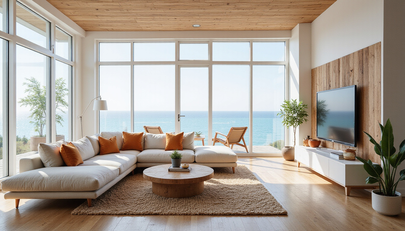  Minimalist reclaimed living room, before-and-after split, crisp airy space, ocean view through windows