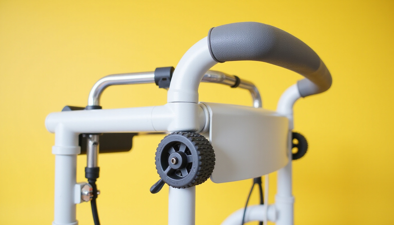  Close-up of ergonomic forearm walker features: adjustable cuff, textured wheels, lightweight aluminum