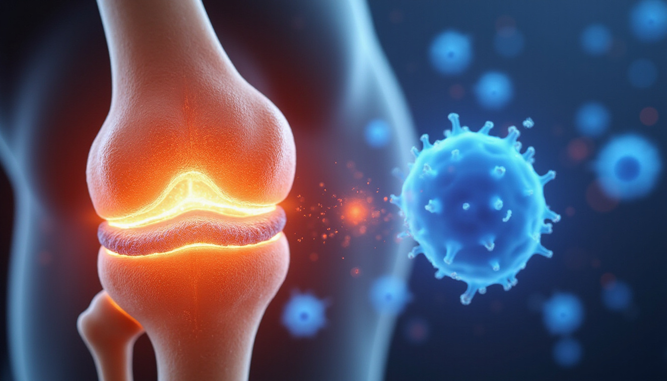  Close-up cross-section of knee joint showing repaired cartilage regeneration, healthy cells glowing blue