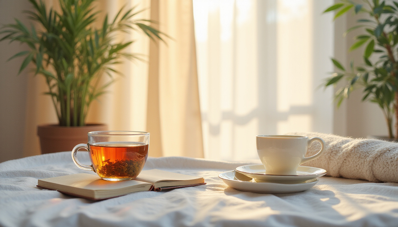  Supportive recovery scene: journal, herbal tea, gentle exercise, sunlight through curtains, calming pastel tones