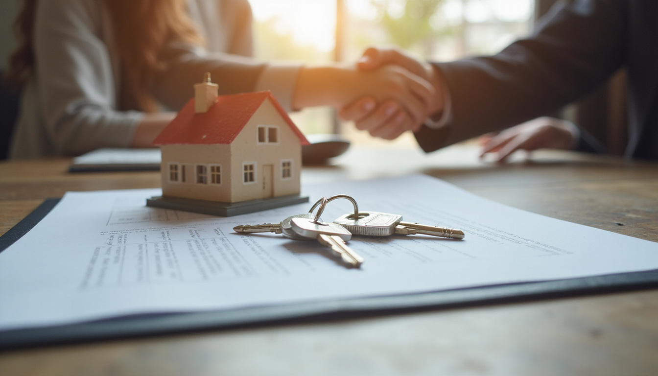  Close-up of handshake over signed contract, house keys on table, warm light, documentary style