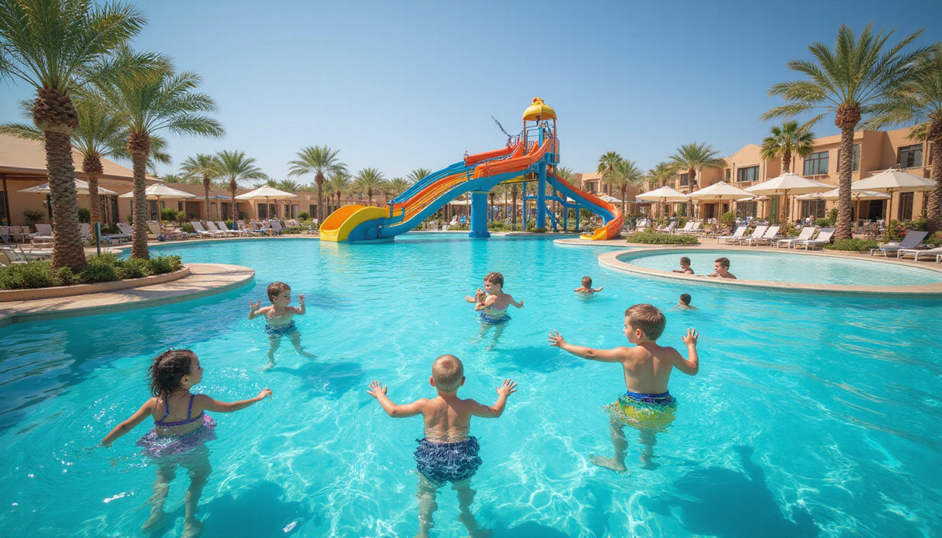  Family-friendly Red Sea resort with kids waterpark, snorkeling families, turquoise coral reef, palm shade