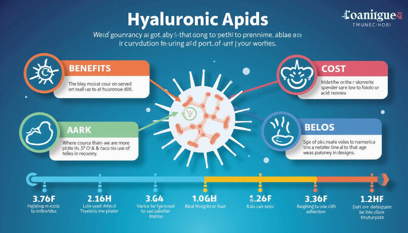  Informational infographic: hyaluronic acid molecule, benefit icons, risk warnings, cost tags, recovery timeline calendar