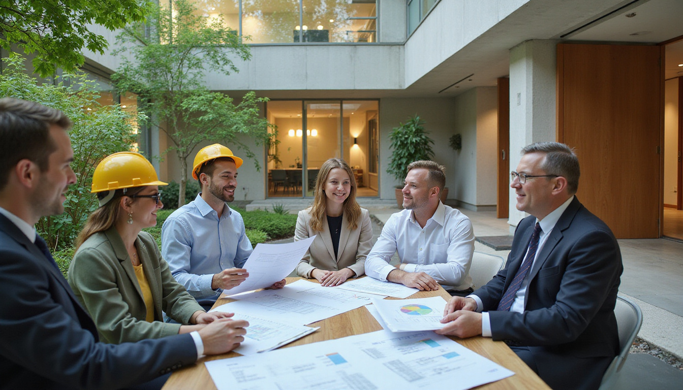  Architect reviewing sustainable blueprints, cost-savings charts, natural daylighting, lush courtyard, upbeat team celebrating